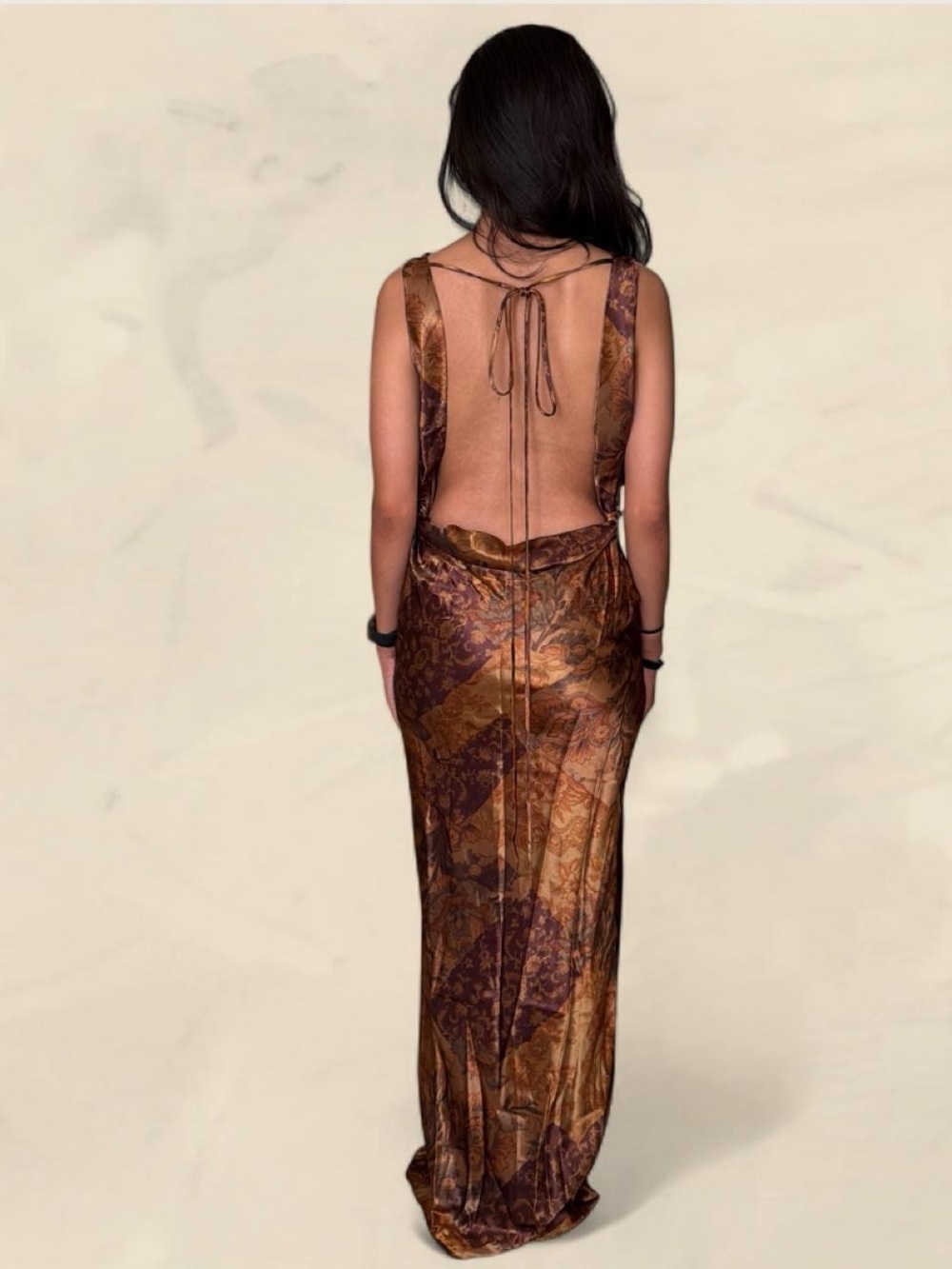 MIRROR PALAIS PLUNGING BACK COWL GOWN IN GOLD MOSAIC